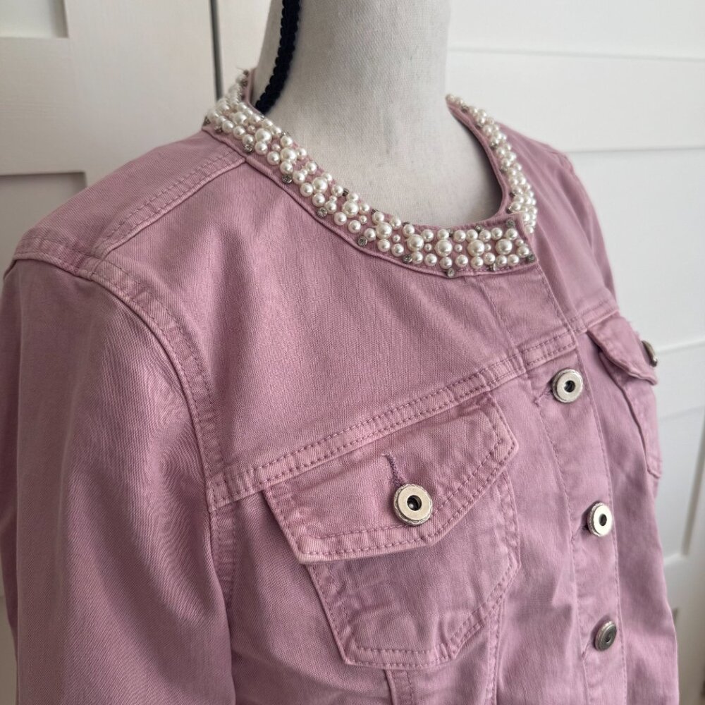 LAURA Petites - pearl embelished pink denim jacket - size 12 or M/L